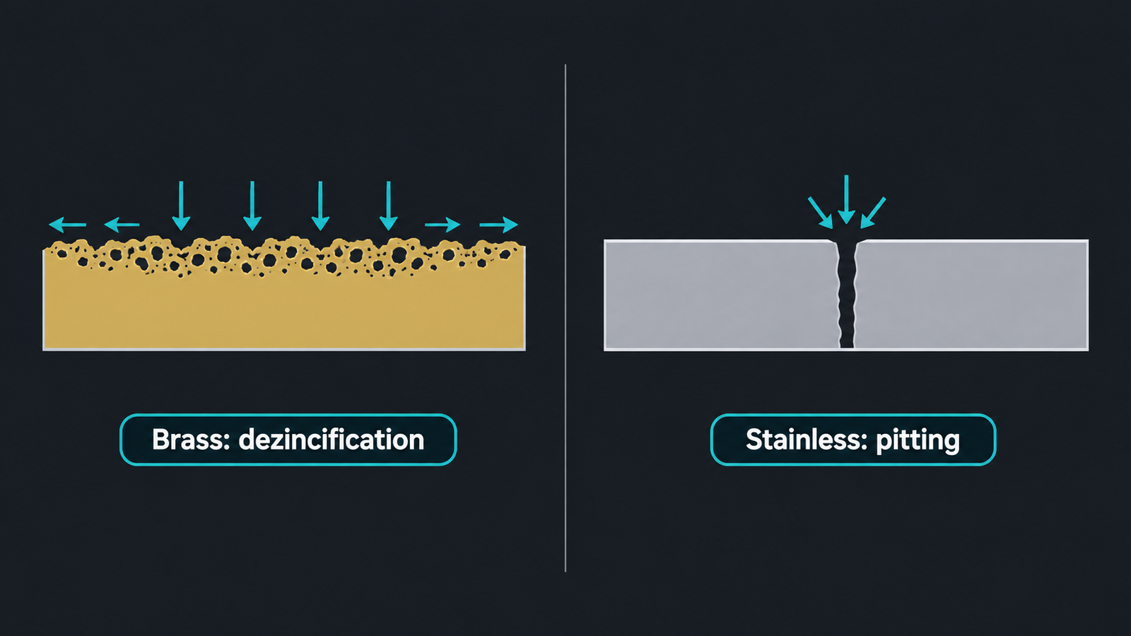 Two-panel diagram comparing dezincification across a brass wall with pitting through a stainless steel wall