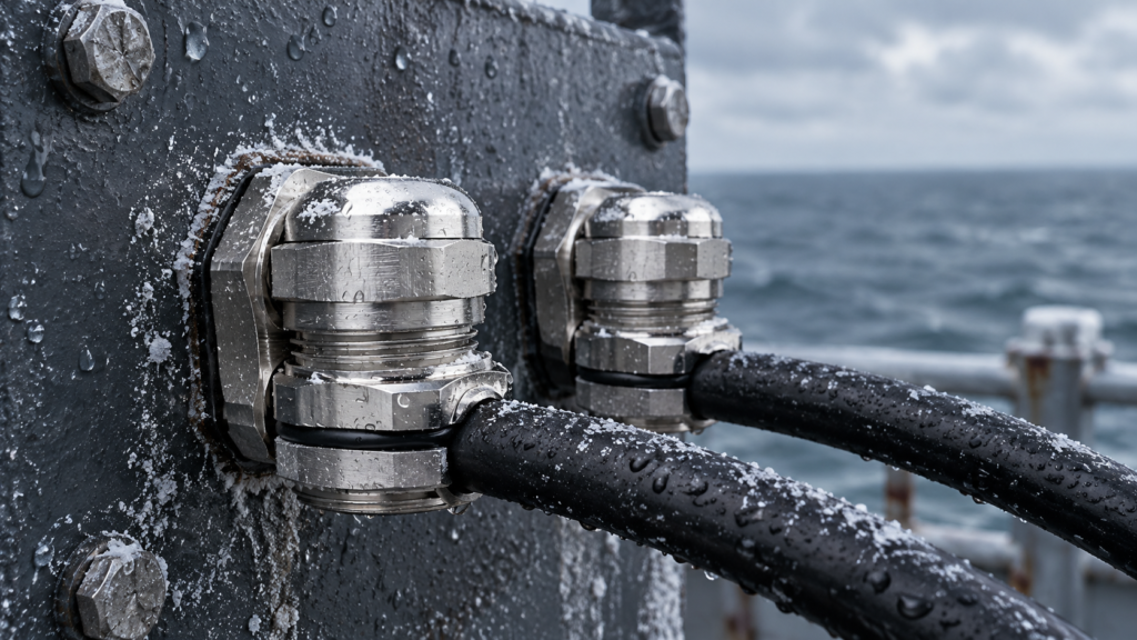 Two stainless steel cable glands with salt deposits mounted through a steel bulkhead at sea