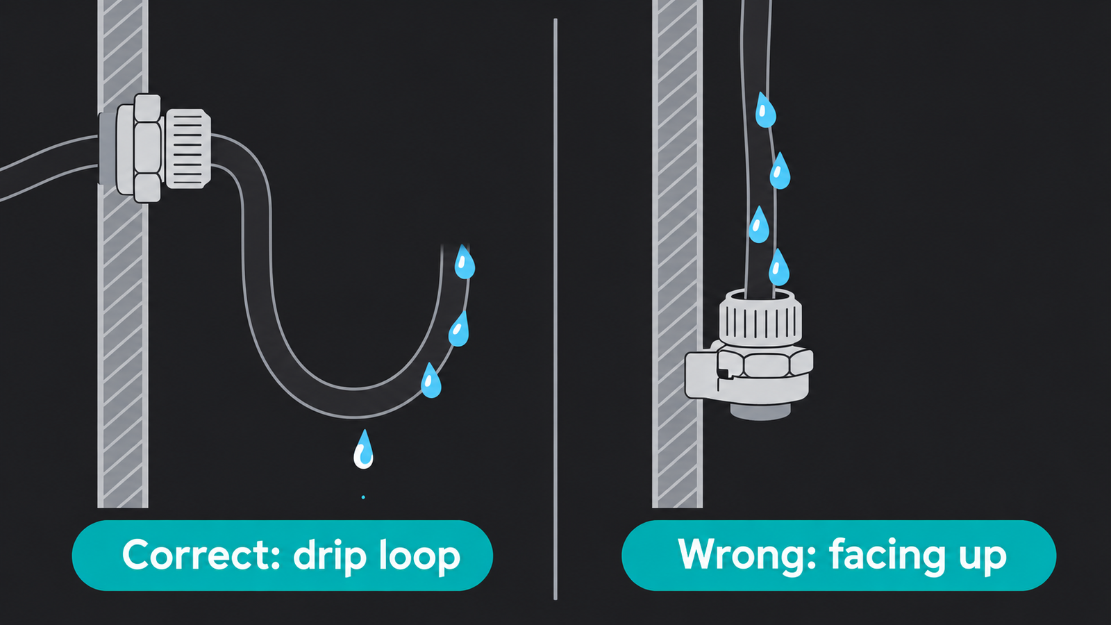 Two-panel installation comparison showing a cable drip loop into a downward facing gland and an upward facing entry collecting water