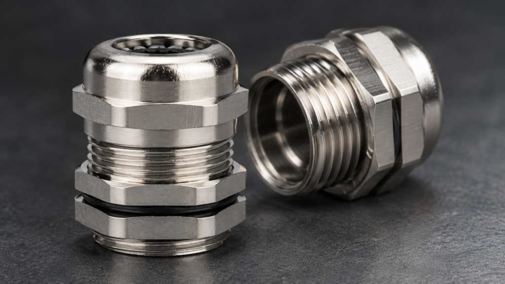 Close-up of two nickel-plated brass cable glands showing their external thread profiles