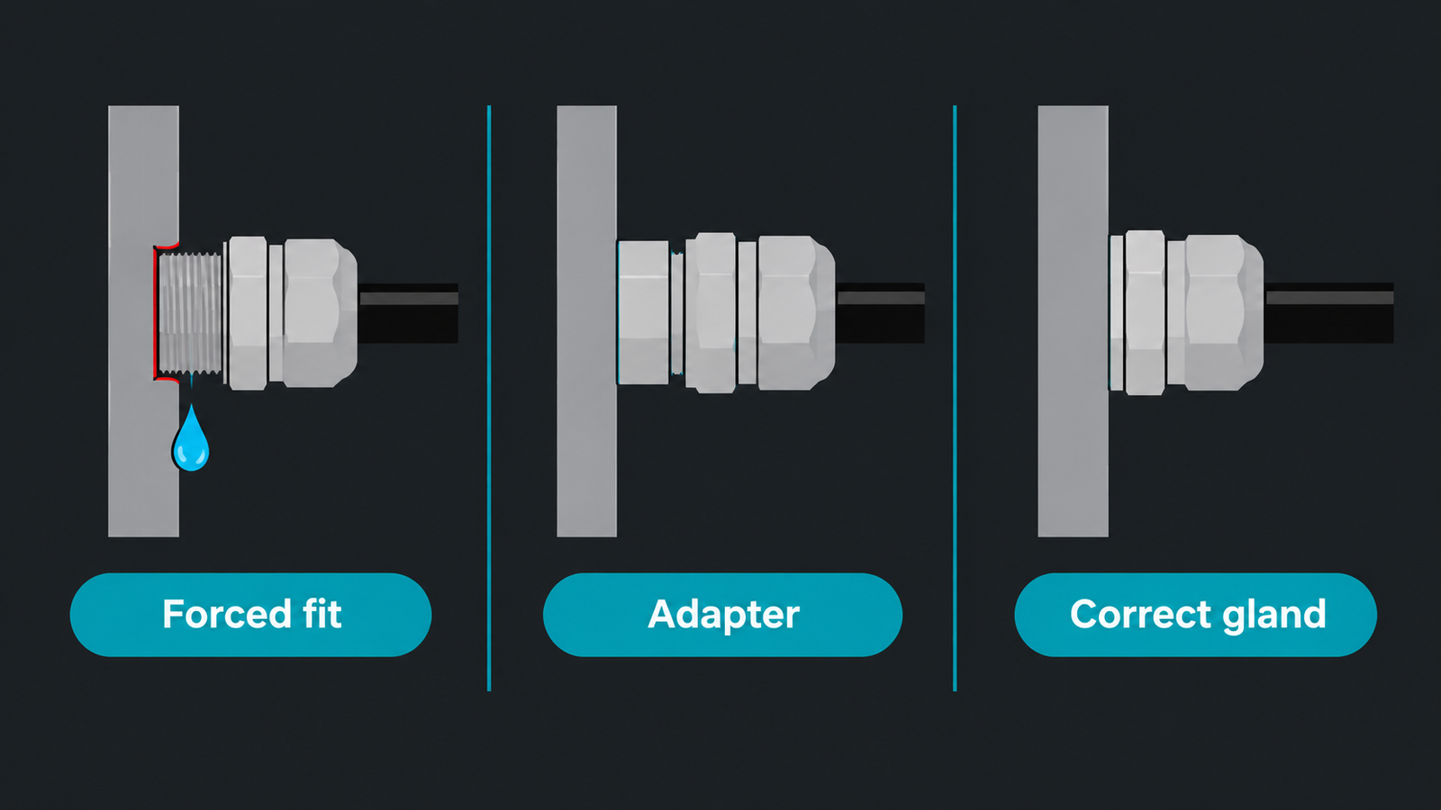 Three options for crossing between thread systems: forcing a mismatched gland, using an adapter, or fitting the correct gland