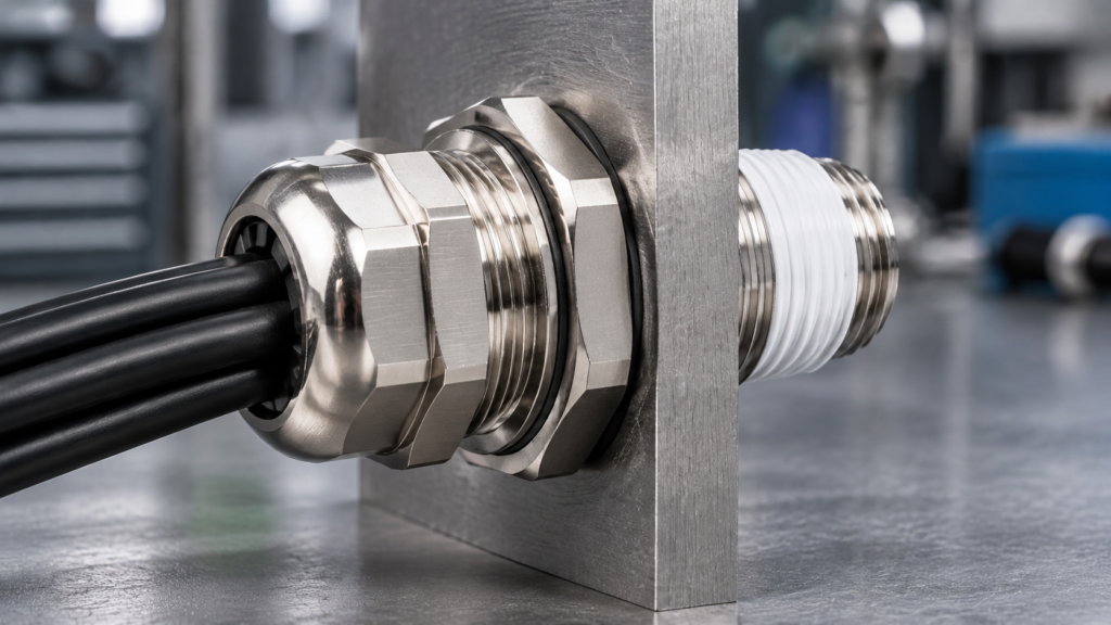 Nickel-plated brass cable gland mounted through a steel plate with PTFE tape on the thread