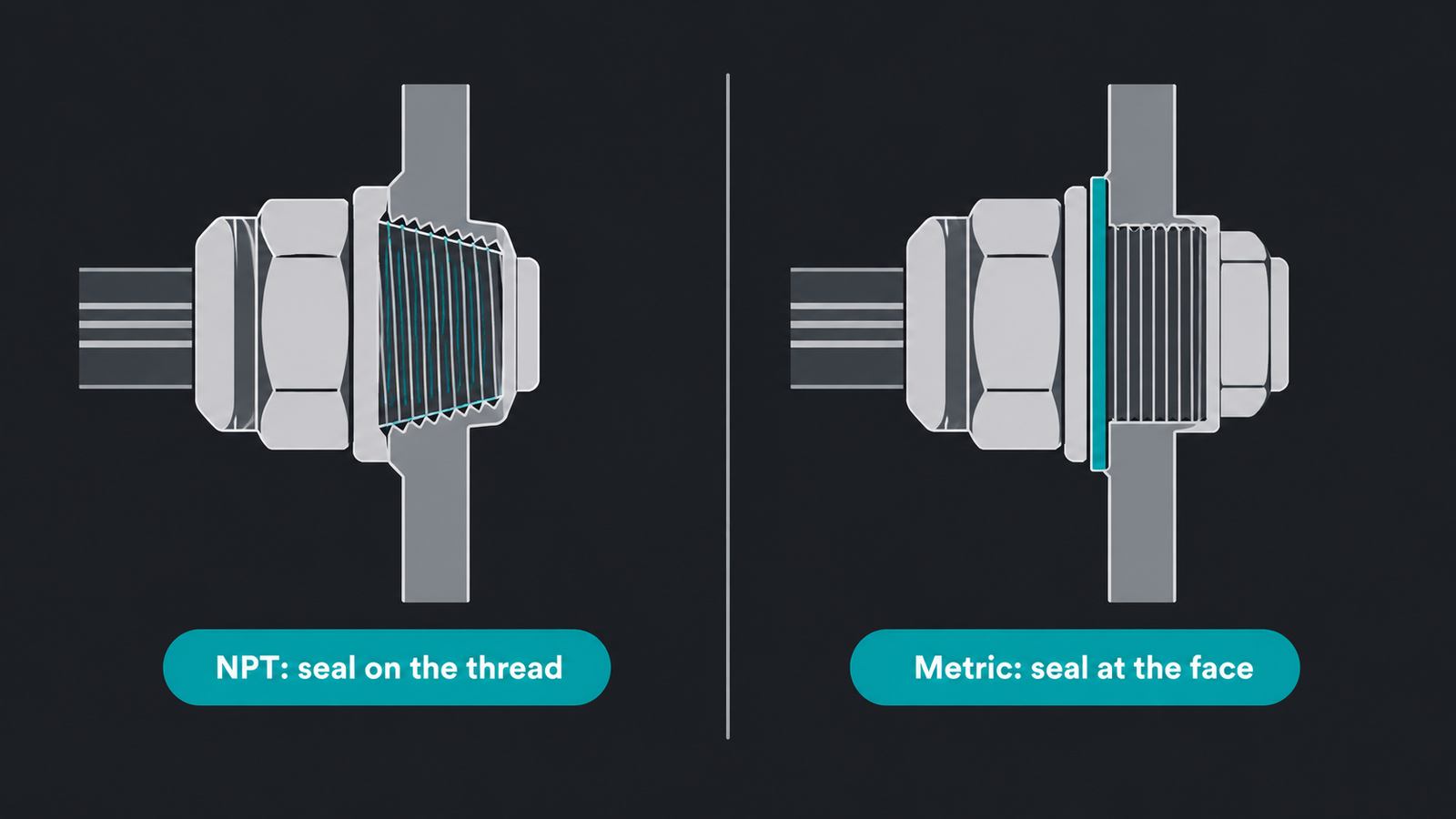 Cross section comparison showing an NPT gland sealing on tapered threads and a metric gland sealing on a face washer