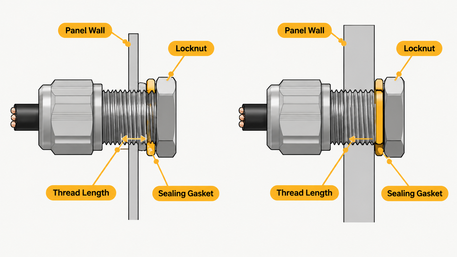Section through a panel showing thread length, wall thickness and locknut engagement