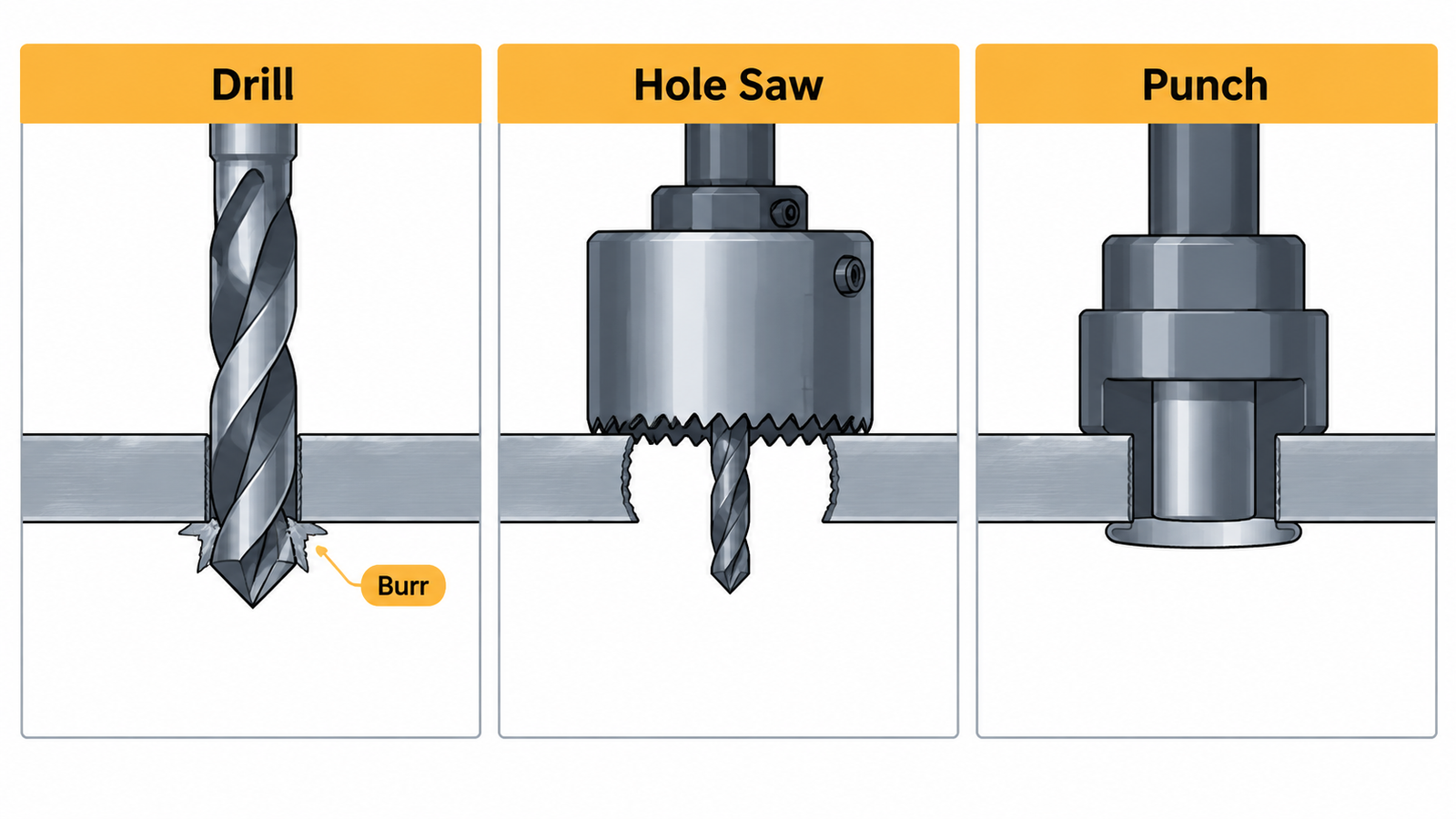 Three methods of making a cable gland hole: drill, hole saw and knockout punch