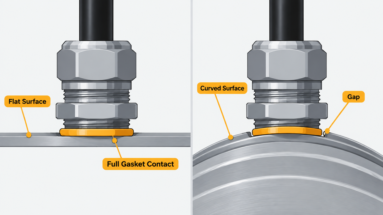 Flat pad versus curved surface for cable gland gasket seating