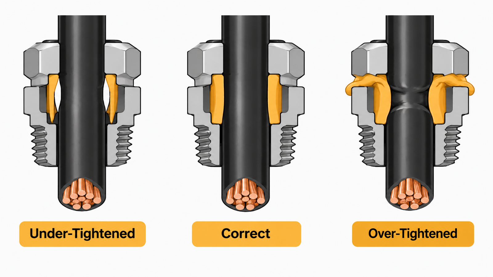 Correct compression compared with seal extrusion and cable deformation