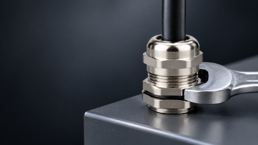 Nickel plated brass cable gland being tightened with a spanner
