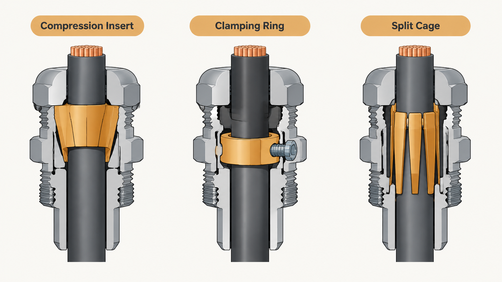 Three strain relief mechanisms: compression insert, clamping ring and split cage