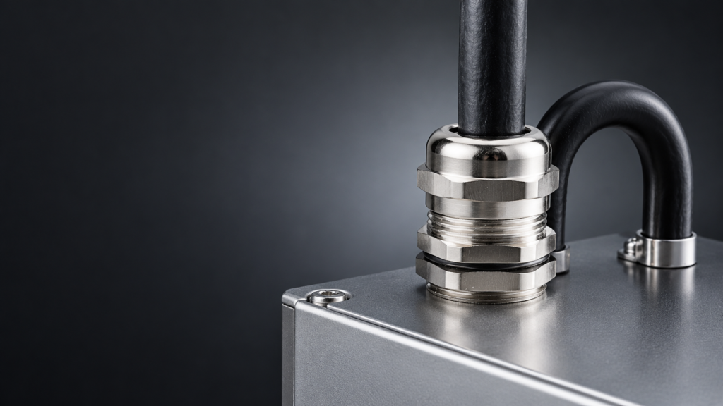 Brass cable gland holding a vertical cable in an enclosure top plate