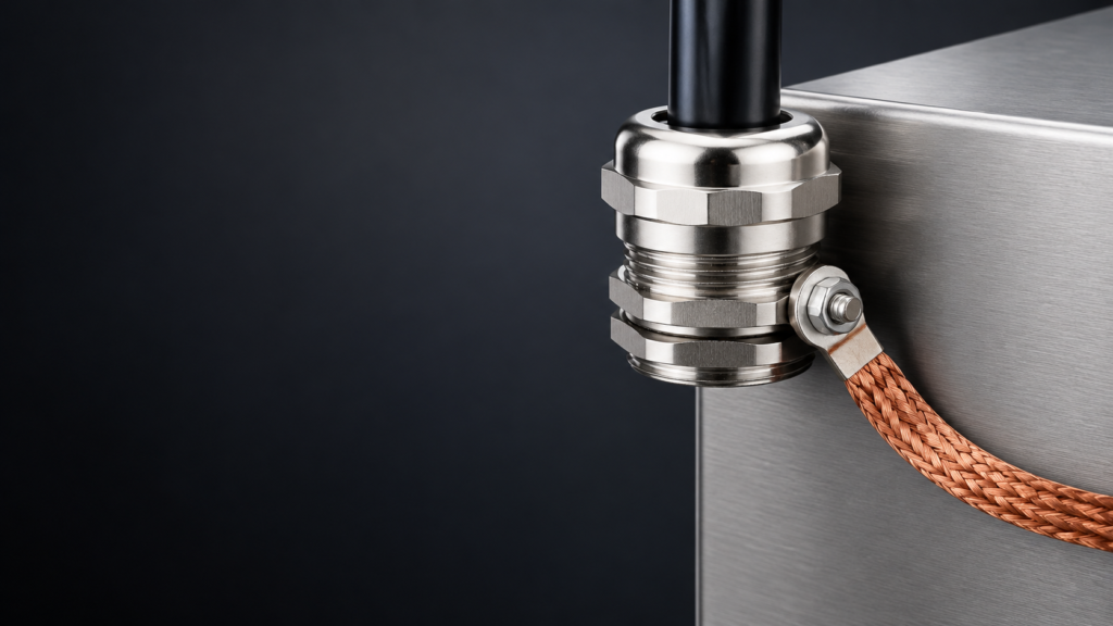 Brass cable gland on a metal enclosure with a braided copper earth conductor