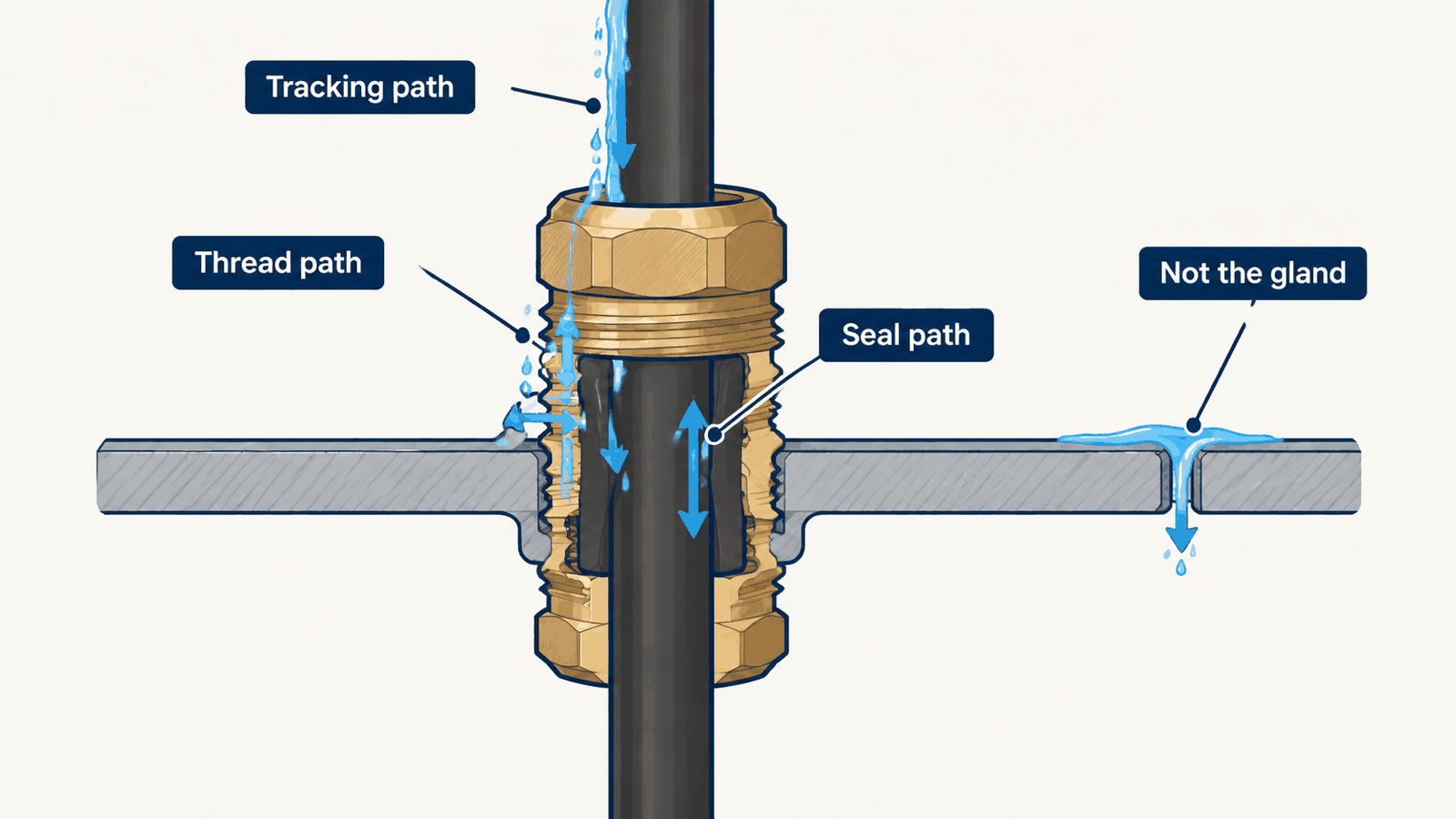 Cross section of a cable gland showing tracking, thread, seal and non-gland water entry paths