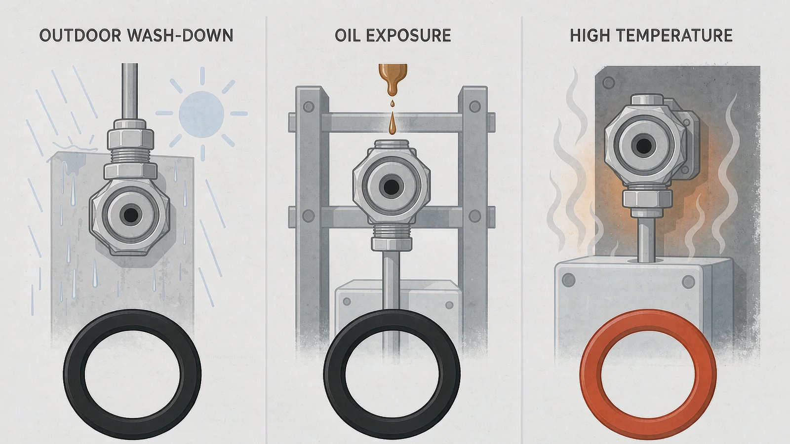 Application map matching EPDM to outdoor washdown, NBR to oil exposure and silicone to high temperature cable entries