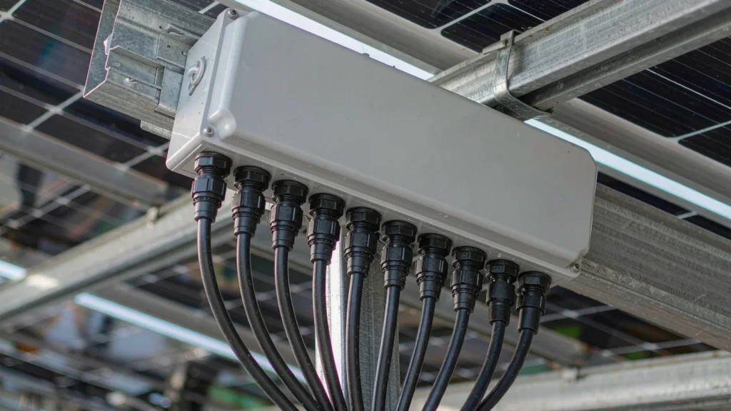 Row of cable glands along the bottom face of a photovoltaic combiner box
