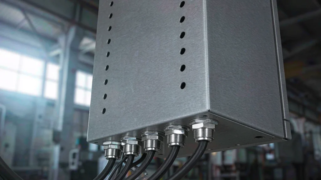 Nickel-plated brass cable glands along the bottom of a sheet-steel electrical enclosure