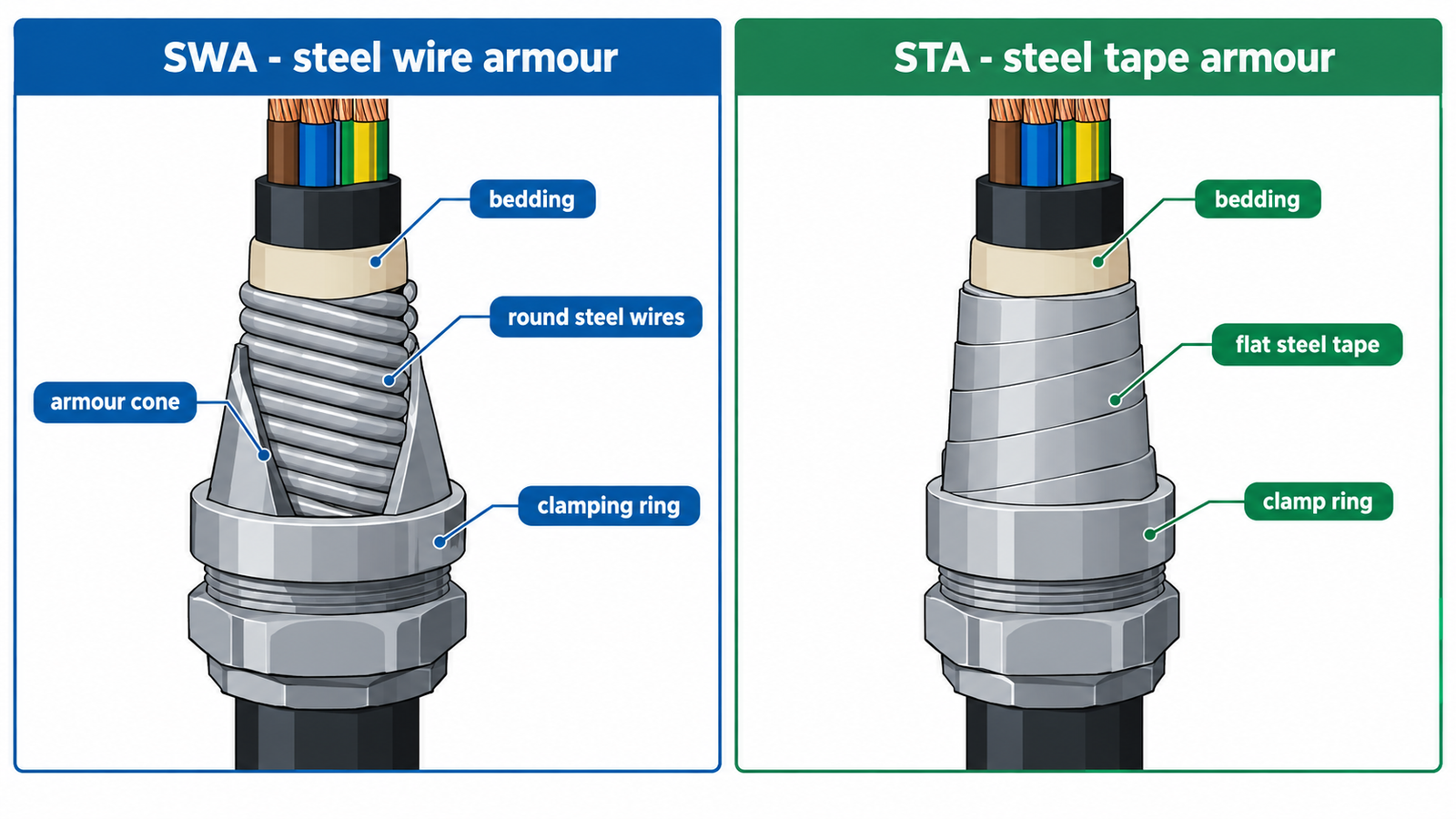 Comparison of SWA round steel wire armour clamped by a conical armour cone and STA flat steel tape armour clamped by a flat clamp ring