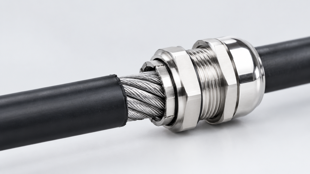 Heavy-duty metal cable gland terminating an armoured cable with the steel wire armour clamped inside the gland body