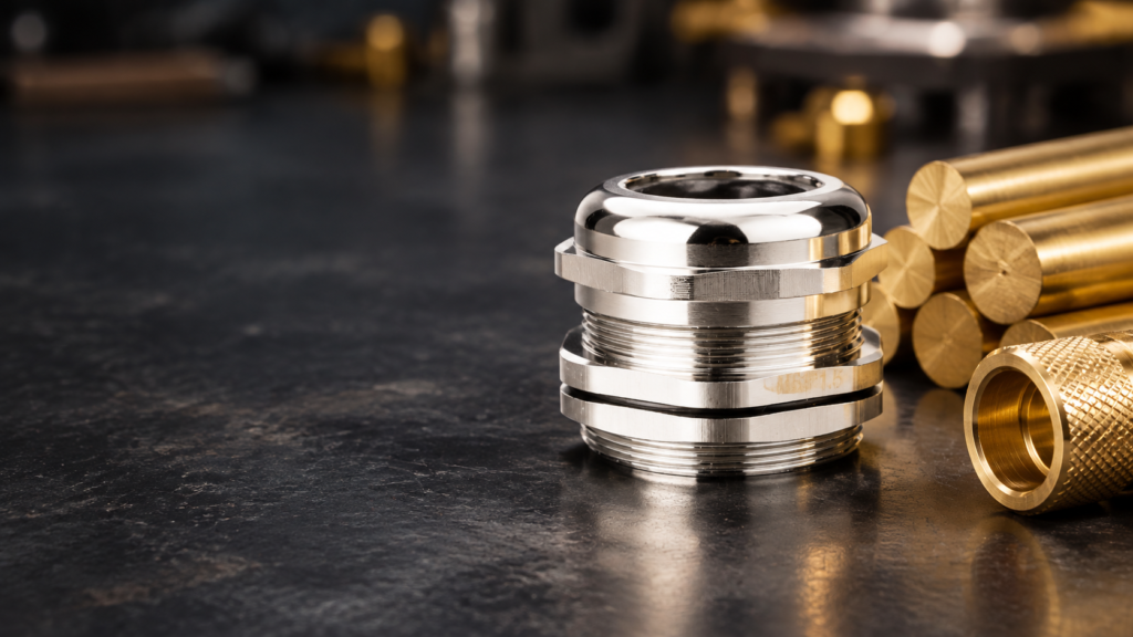 Nickel plated brass cable gland beside machined brass bar stock