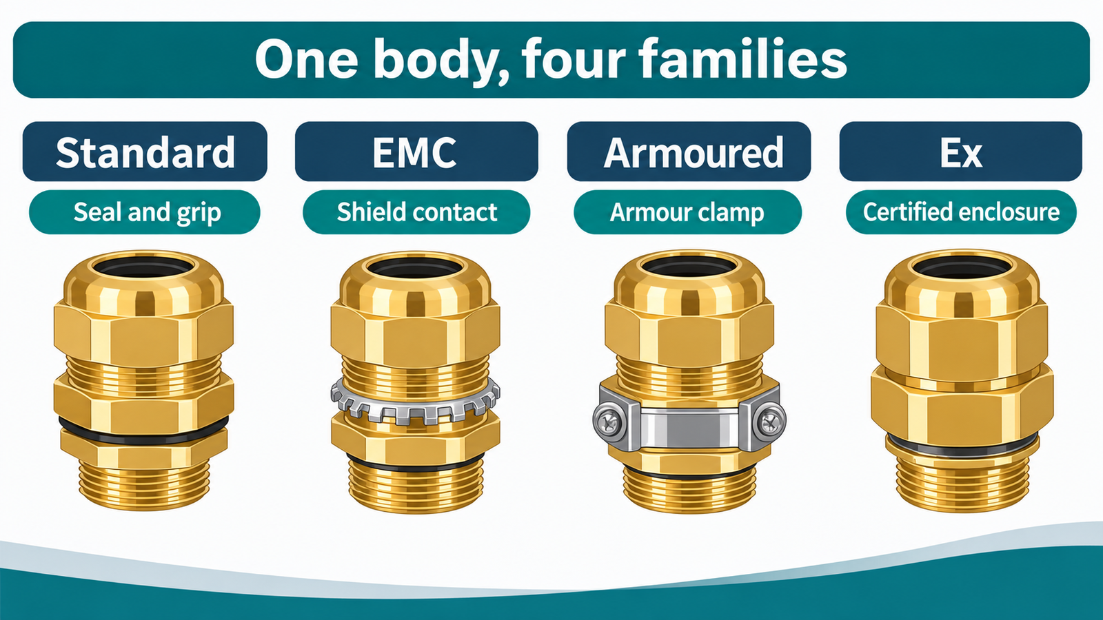 Four brass cable gland families shown side by side: standard, EMC, armoured and Ex