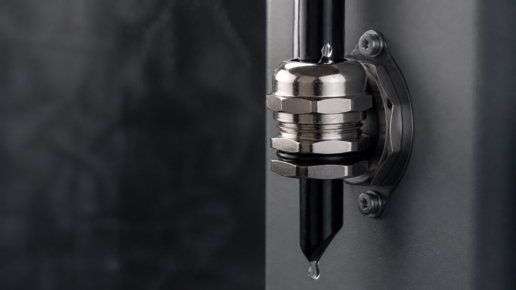 Nickel plated brass armoured cable gland mounted through an enclosure wall with water on the cable