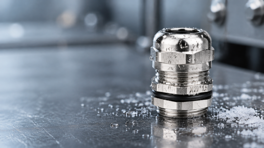 Close up of a nickel plated brass cable gland with water droplets and salt crystals on the bench