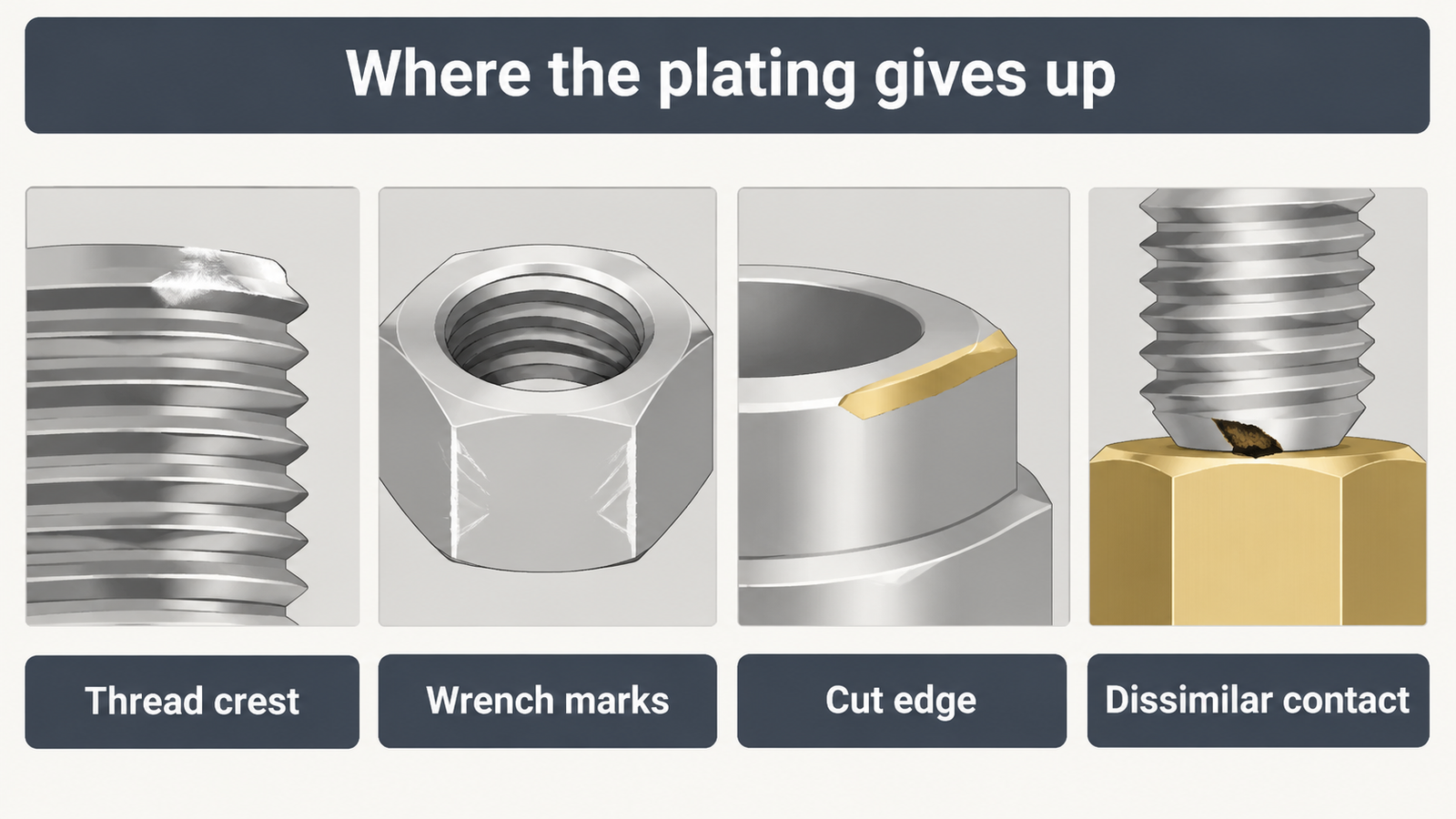 Four places where nickel plating on a cable gland is damaged: thread crest, wrench marks, cut edge and dissimilar metal contact