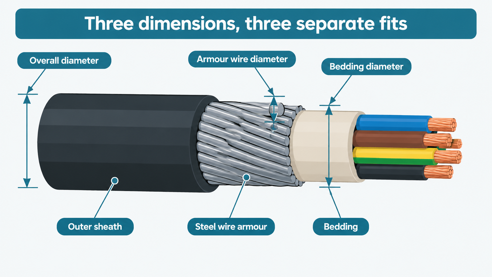 Cutaway diagram of steel wire armoured cable showing overall diameter, bedding diameter and armour wire diameter callouts